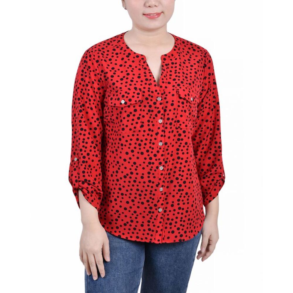 NY Collection Petite 3/4 Sleeve Roll Tab Y Neck Blouse
